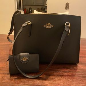 Navy and brown Coach Tatum Carryall bag and wallet